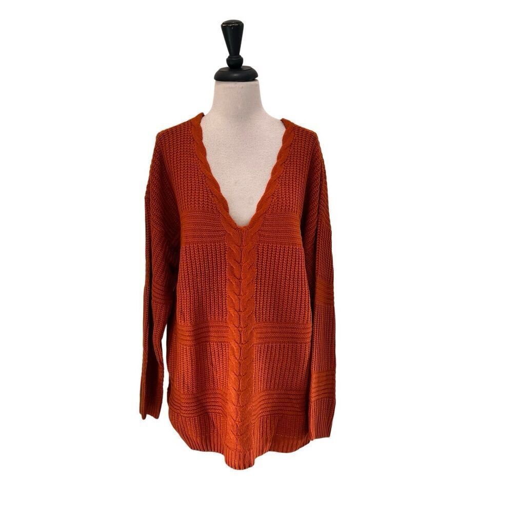 FCT Women's V-neck Lace-up Back Knit Pullover Sweater Rust Orange 3X NWT